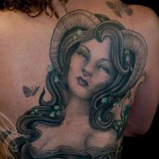 Tattoos - Taurus lady back piece with blue roses coverup - 115556